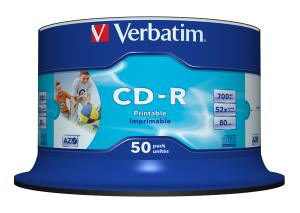 Cdr Recorder Media 700MB 80min 52x Wide Printable 50-pk With Spindle